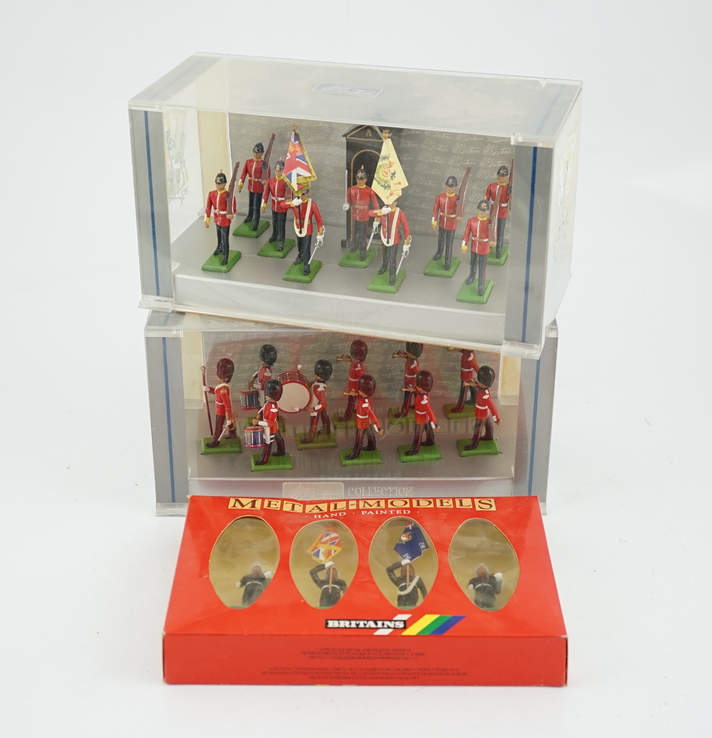 Twelve boxed 1980s and later Britains soldier sets including; two 21st Lancers (8807), U.S. Marine Corps (7303), Lifeguards (5184), Seaforth Highlanders (5185), The Irish State Coach (00254), etc.